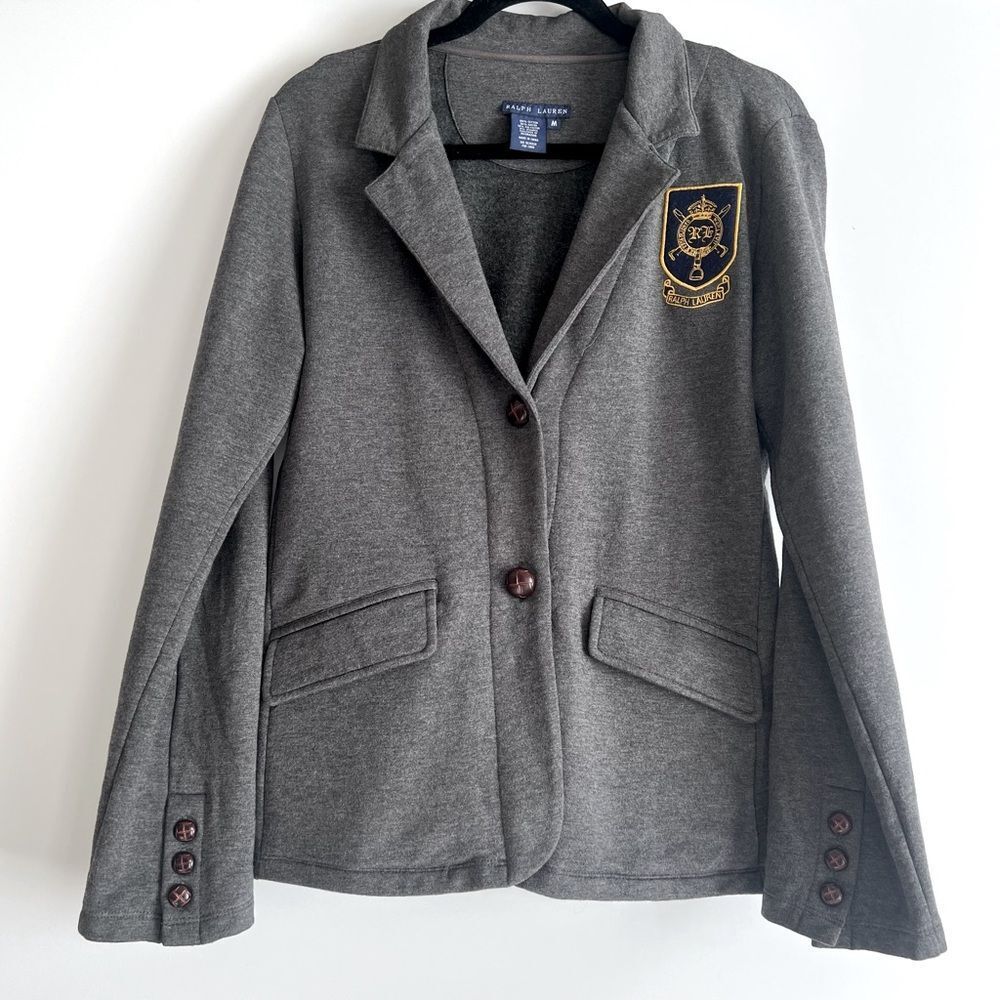 Ralph Lauren Blue Label Embroidered Insignia Grey Sweatshirt Blazer Size Medium